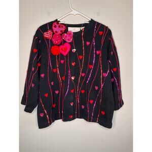 1990s Jane's Closet Red Pink Valentines Day Hearts Love Sparkle Glam Cardigan XL